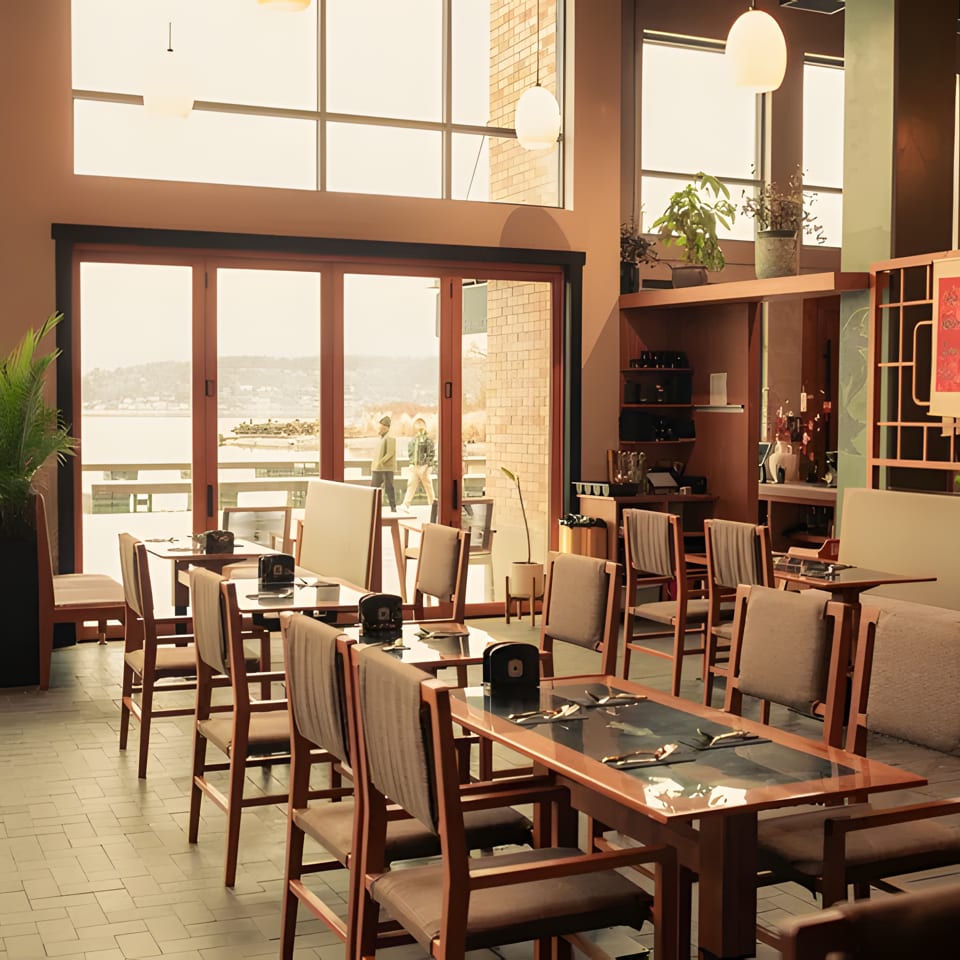 A restaurant dining room with wooden tables and chairs, large windows overlooking a body of water.