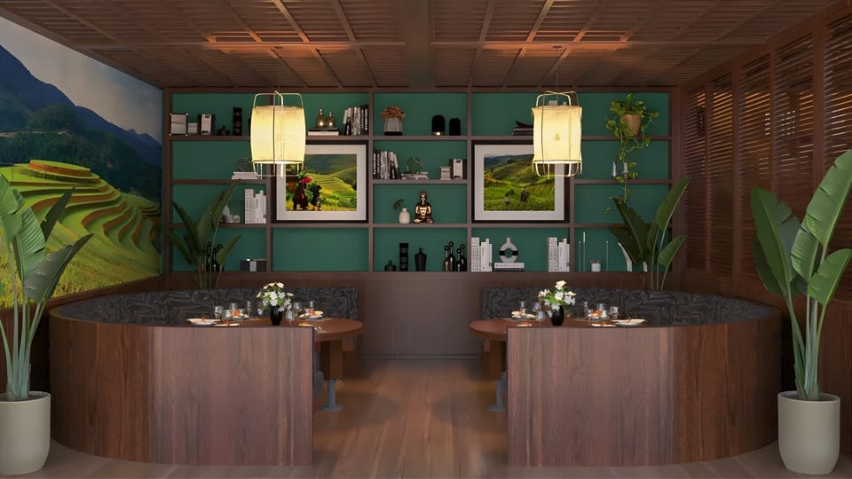 Restaurant interior with two circular booths, wooden tables, green shelving, and rice paddy murals.