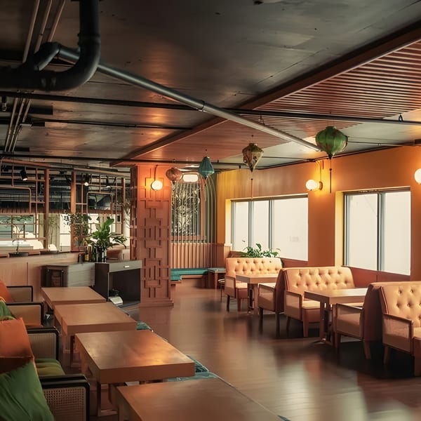 A restaurant interior with orange walls, wooden tables, green and orange cushioned seating, and decorative lanterns.